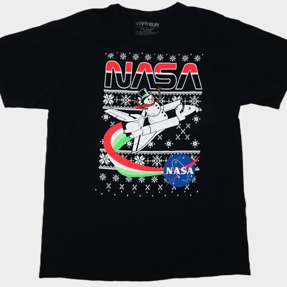 NASA Christmas t-shirt Large Snowman on Space Shuttle Ugly Christmas Sweater Blk - Picture 2 of 5